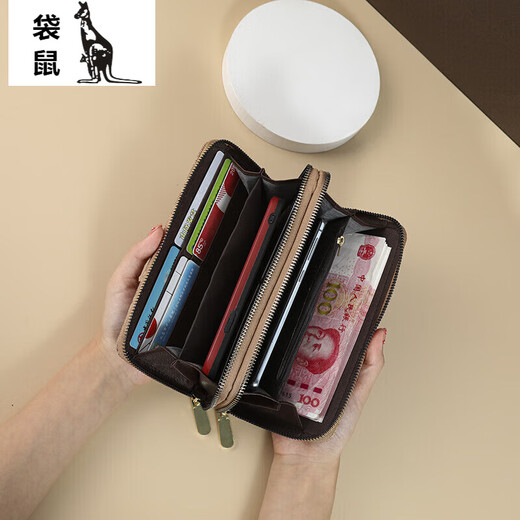 Kangaroo (KANGAROO) women's long wallet 2024 new European and American large capacity double zipper mobile phone bag mother clutch bag CM light coffee