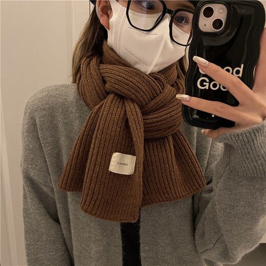 Korean style autumn and winter knitted wool scarf for women, versatile and warm, solid color scarf for students, couple, coffee color, red