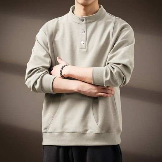 AX Armani broken code 2026 American retro Henry collar button long-sleeved sweatshirt men's autumn new splicing stand collar simple khaki M suitable for 100-120Jin Jin equals 0.5 kg