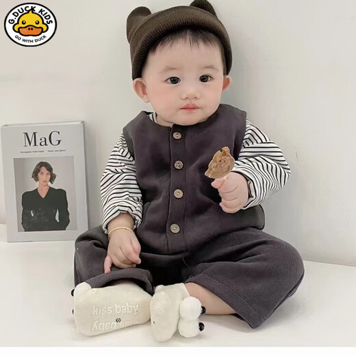 G.duck little yellow duck Korean style baby clothes suit spring and autumn new fashionable baby overalls long sleeve male and female baby spring gray rice woolen wide shoulder suit 80cm
