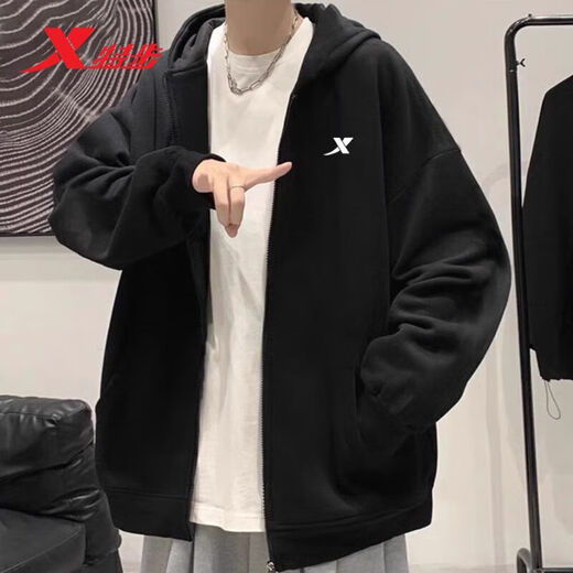 特步卫衣男装运动外套男2025秋冬新款防风纯色夹克男舒适休闲长袖 黑-9276（连帽） S