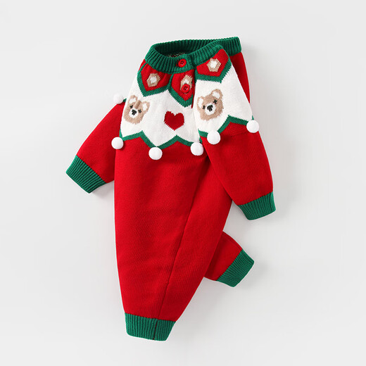 BORBOON B baby plus velvet knitted sweater baby boy jumpsuit autumn and winter small month old New Year's greetings clothes romper winter clothes for women red 7633 80cm