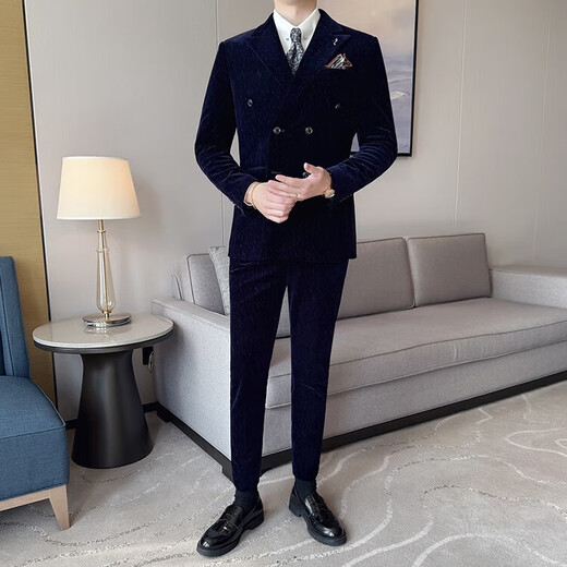 Jason's Corduroy Suit Men's Business Formal Double-breasted Autumn and Winter Thickened Jacket High-end Fashion Brand Casual Suit Set Navy Blue (Suit + Pants) 4XL