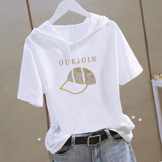 Hooded T-shirt for women 2025 short-sleeved summer loose half-sleeved casual slimming and age-reducing fashionable sweatshirt for women white T-shirt trendy white-baseball cap M 90Jin Jin equals 0.5kg to wear below