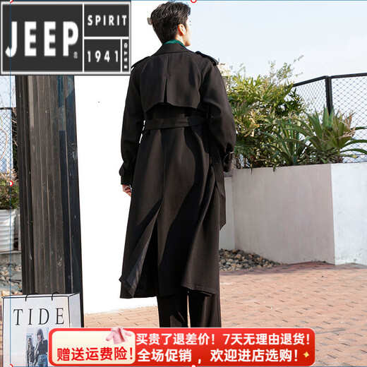 JEEP SPIRIT 2025 Spring and Autumn New Dark Style Design Premium Coat Trendy Long Windbreaker German Jacket Men Black XL