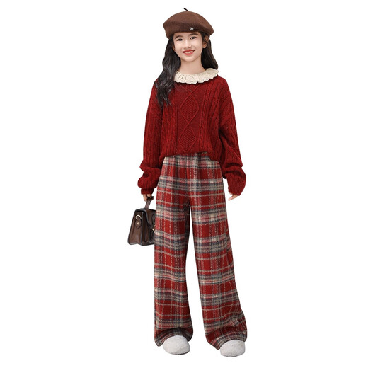 I.KARNOW Girls' New Year Clothes 2026 New Girl's Suit Autumn and Winter Western Style Festive Year of the Pig Red New Year Sweater 19745 Red + 15190 Red Plus Velvet Suit 170