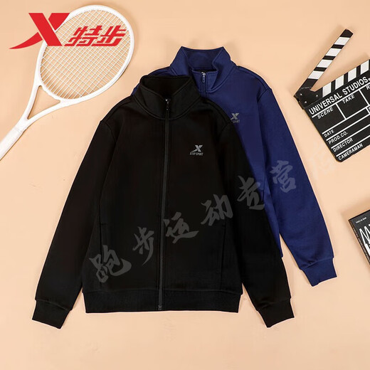 XTEP Sports Jacket Men's Spring and Autumn New Loose Sweatshirt Fitness Casual Wear Top Men's Stand Collar Jacket Cardigan Regular Style Black L/175