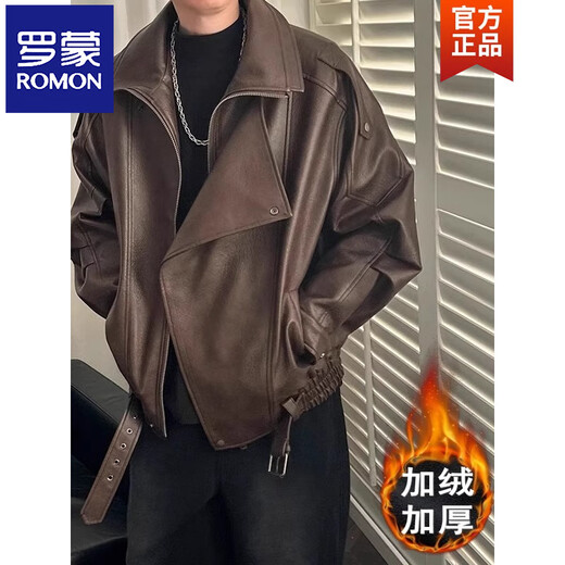 ROMON velvet thickened PU leather jacket men's autumn and winter plush jacket Korean style light mature style loose cotton jacket W88 black velvet M
