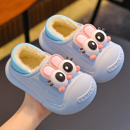Autumn and winter children's cotton slippers, boys' bags, girls' babies' waterproof parent-child slippers, indoor home warm cotton slippers, sky blue slippers, size 12, 24/25 (shoe inner length 15CM, suitable for feet 14