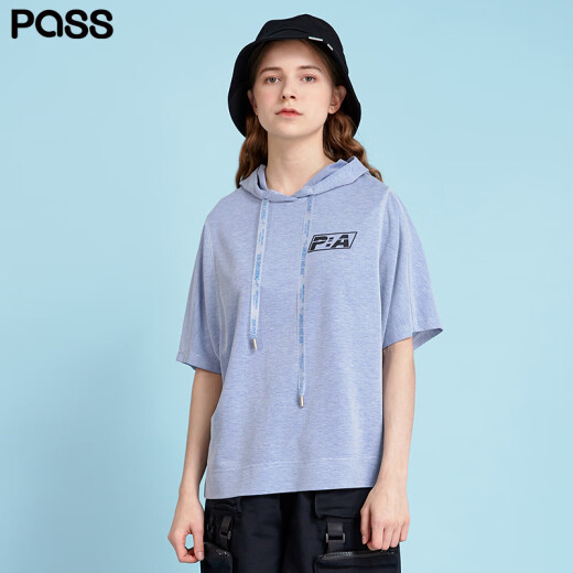 PASS trendy brand 2019 new summer dress blue back letter print hooded thin sweatshirt women's t-shirt gray blue M