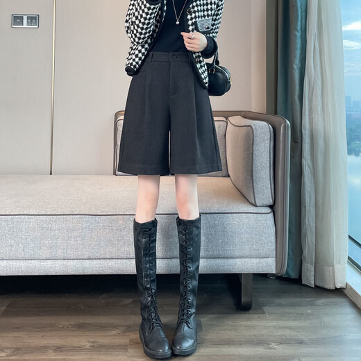 Pierre Cardin navy blue woolen shorts for women autumn and winter 2025 new high-waisted slim a-line outer wear wide-leg temperament mid-length pants dark gray L 108-120Jin Jin equals 0.5 kg Select