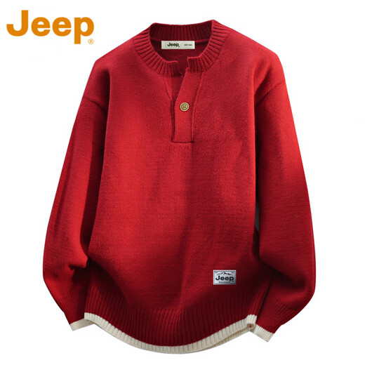 Jeep (JEEP) American high-end fake two-piece sweater for men autumn and winter 2025 new loose casual Henry collar sweater top Ancora red counter genuine L Recommendation 105-120 Jin Jin is equal to 0.5 kg