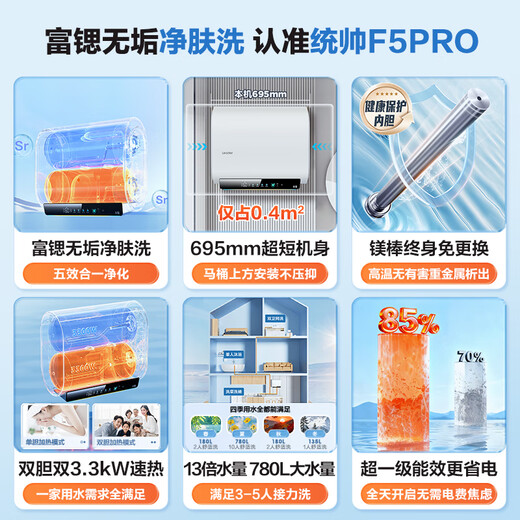 Haier produziert den 60-Liter-Doppelgallonen-Flacheimer-Elektro-Warmwasserbereiter der Commander Lazy-Serie, OCC-Tür-zu-Tür-Installation, Kalkfreiheit und Reinigung mit sauberem Wasser, 3300 W, erstklassige Energieeffizienz, nationale Subvention F5PRO