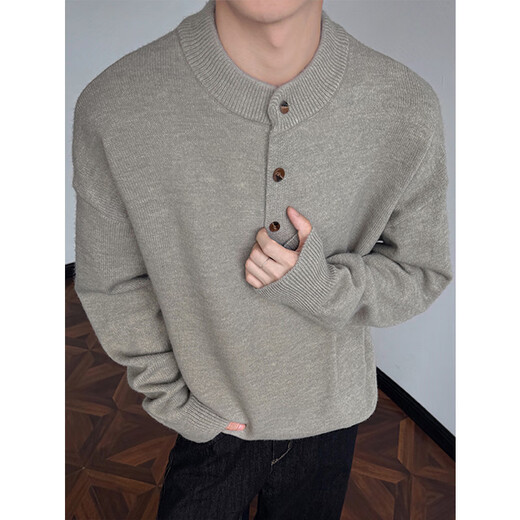 Katuchi American retro Henry collar sweater men's autumn and winter high-end loose inner bottoming sweater handsome top Khaki L