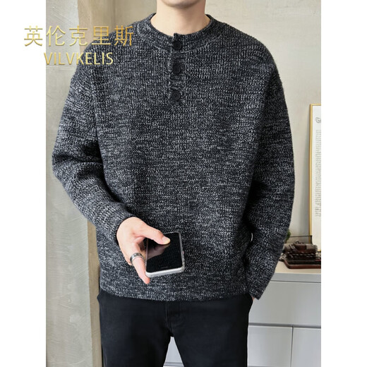 VILVKELIS British Chris autumn and winter new high-end loose pullover sweater men's Henry collar sweater gray sweater black L _120-140Jin Jin equals 0.5 kg