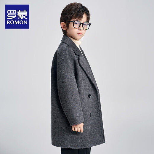 Romon children's double-sided wool coat, autumn and winter woolen woolen coat for boys and girls, mid-length Korean style coat, charcoal gray 140