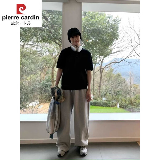 Pierre Cardin brand high-end knitted solid color pullover button short-sleeved t-shirt for men summer Korean style loose henley collar polo shirt light gray S