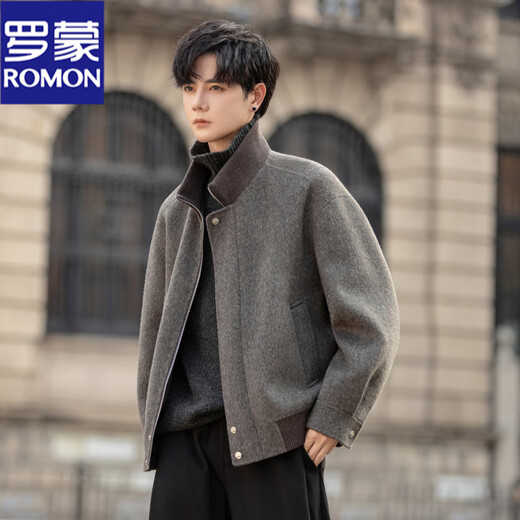 ROMON stand collar woolen coat men's 2026 new double-sided woolen woolen coat short loose zipper jacket top black gray M