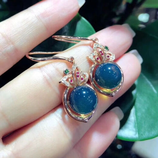 Yuze Natural Dominican Blue Amber Pendant Necklace S925 Silver Ring 3A Purified Water High Blue Earrings Blue Amber Set Women's Ring 14mm