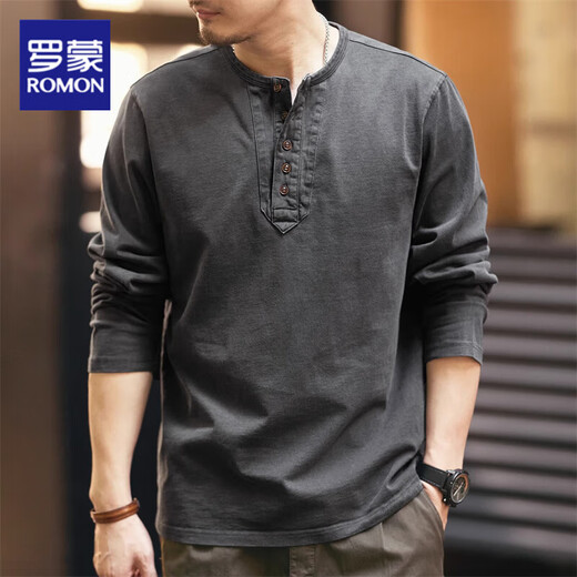 ROMON high-end retro long-sleeved T-shirt men's spring and autumn loose new pure cotton tough guy Henry collar bottoming shirt top men's charcoal gray L suitable for 140-160Jin Jin equals 0.5 kg