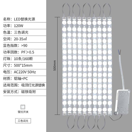 Jinggong LED wick modified light panel, ceiling lamp strip light source module, no punching, magnet adsorption, 120W three-tone lighting