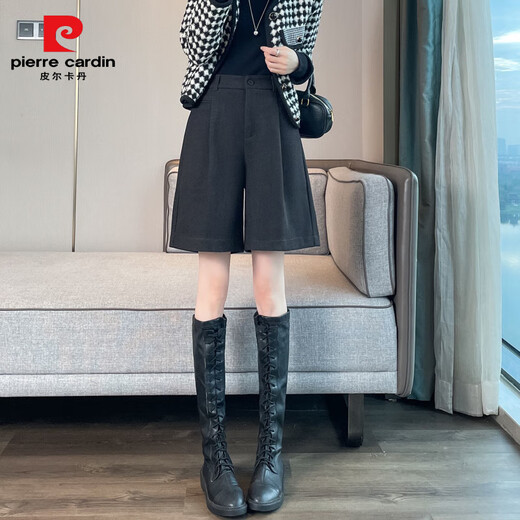 Pierre Cardin navy blue woolen shorts for women autumn and winter 2025 new high-waisted slim a-line outer wear wide-leg temperament mid-length pants dark gray L 108-120Jin Jin equals 0.5 kg Select