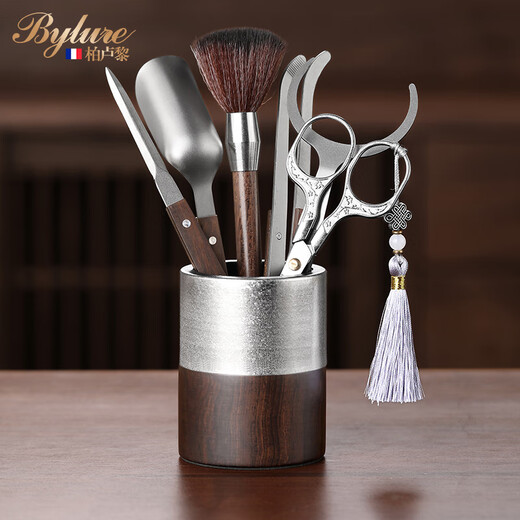 Bylure brand ebony pure titanium tea ceremony six gentlemen set scissors tea table tea table tea making tools tea accessories collection 4 pure titanium midao accessories + walnut coaster set