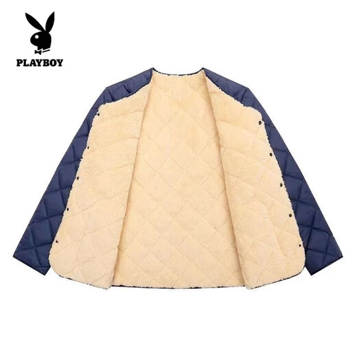 Playboy (PLAYBOY) autumn and winter men's cotton-padded jacket with velvet and thickening for cold protection, men's cotton-padded jacket with warm snap buttons, middle-aged dad's cotton-padded coat, official flagship, fine velvet and velvet, thickened navy blue 2XL 110-130Jin Jin is equal to 0.5kg