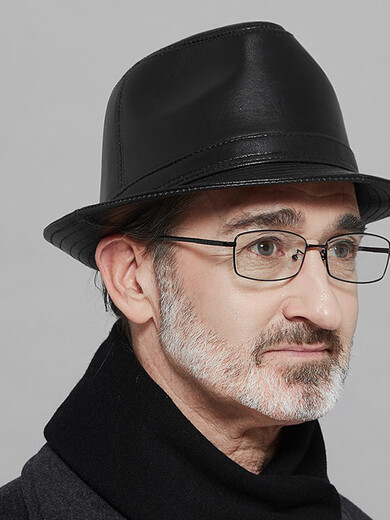 What a cool leather hat for men, spring and autumn casual leather hats, middle-aged and elderly British sheepskin Panama hats, trendy felt hats, black L (55-56cm)