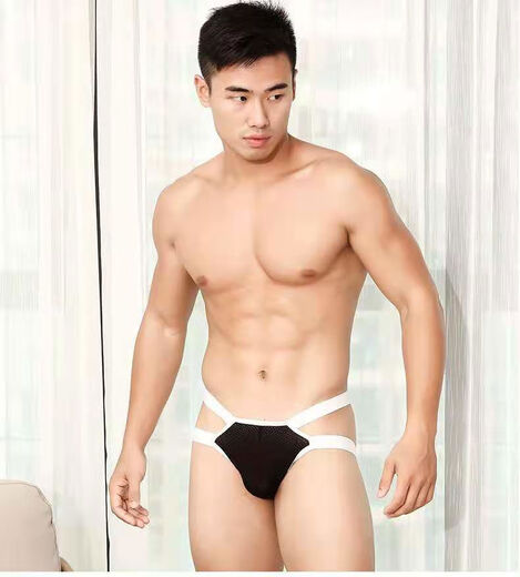 Large size sexy underwear men's stretchy men's thong breathable T-pants ice silk hollow hip lifting gay black S