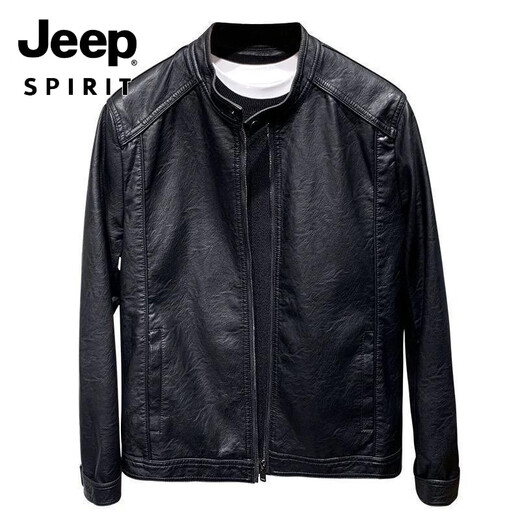 JEEP SPIRIT motorcycle leather jacket for young men spring new Korean version trendy slim handsome versatile stand collar riding leather jacket black L recommended weight 100-115Jin Jin equals 0.5 kg