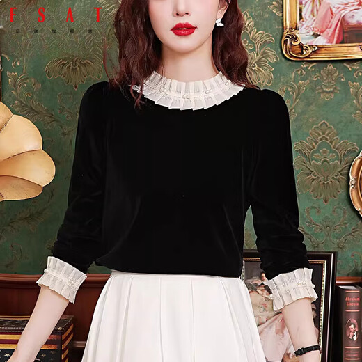 FSAT French style gold velvet top, noble and stylish black shirt, women's 2025 new autumn and winter European shirt, black XL 115-125Jin Jin is equal to 0.5 kg