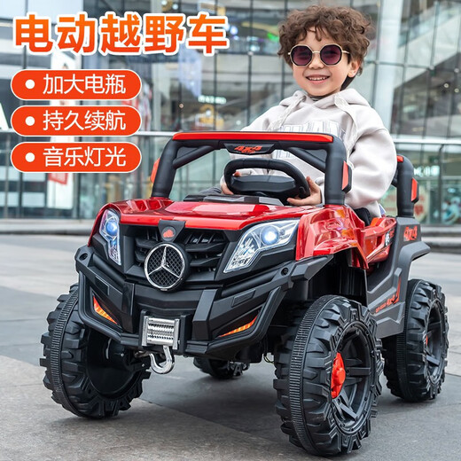 He Jiagong children's electric car four-wheel remote control car infant toy car can sit in a baby swing stroller red + Bluetooth early education + remote control + no swing