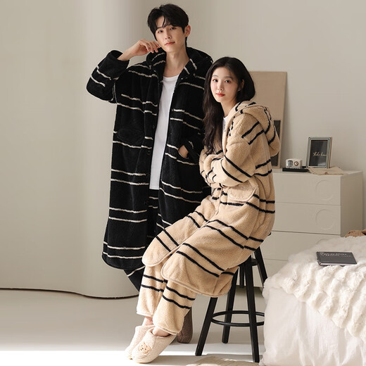 Fuxinkang Couple Pajamas Autumn and Winter Coral Velvet Thickened and Long Warm Men and Women Pajamas Flannel Bathrobes Home Clothes MJX-61065 2XL - Female Height 170-175 - Weight 140-160