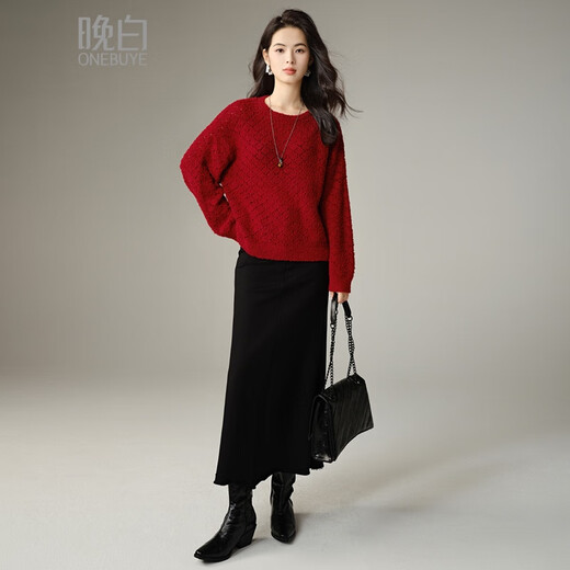 Late White New Product 2025 Autumn Fashionable and Versatile Chinese Red Sweater Solid Color Pullover Sweater Women Red S