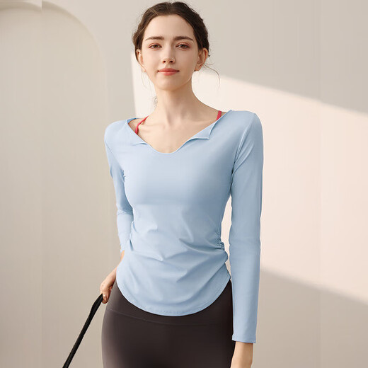 Yoga wear women's long-sleeved T-shirt temperament U-neck waist slimming sports long-sleeved Pilates training fitness top coral pink L