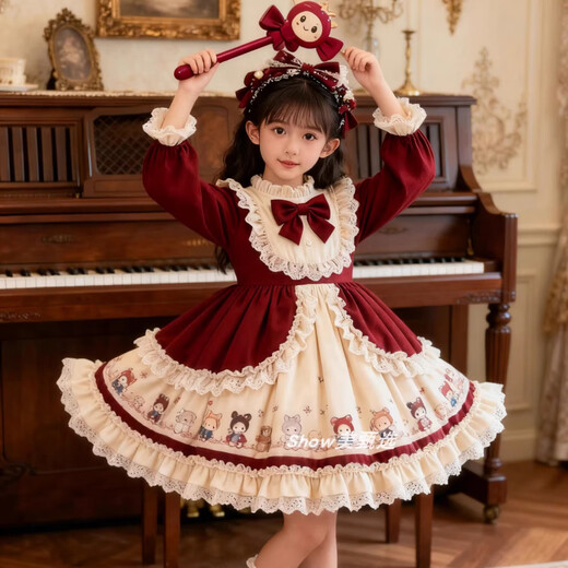 Kafanli (KafanIi) Girls Lolita Princess Dress 25 New Children's Birthday Dress Western Style Baby Girl Dress Autumn and Winter Burgundy 265 Velvet No Accessories 130 cm