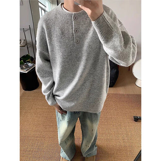 LIIS gray American Henry collar sweater men's autumn and winter high-end lazy style bottoming sweater inner layer light gray Henry collar M (recommended 95-115 Jin Jin equals 0.5 kg) one size