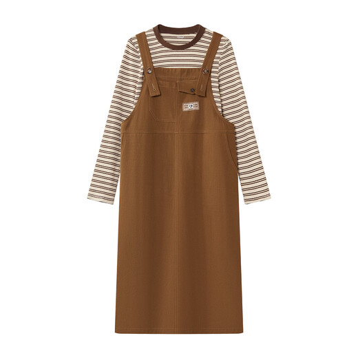 INMAN two-piece set 2025 autumn college retro Maillard striped long-sleeved T-shirt slit suspender skirt light brown S