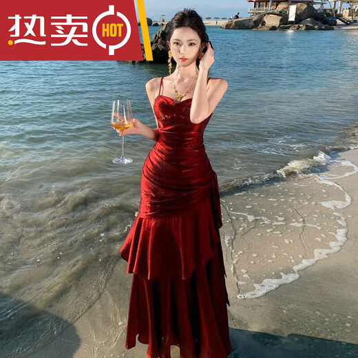 Shantou Lincun red ruffled fishing skirt high-end mermaid ruffled slim suspender dress birthday cocktail dress long red S