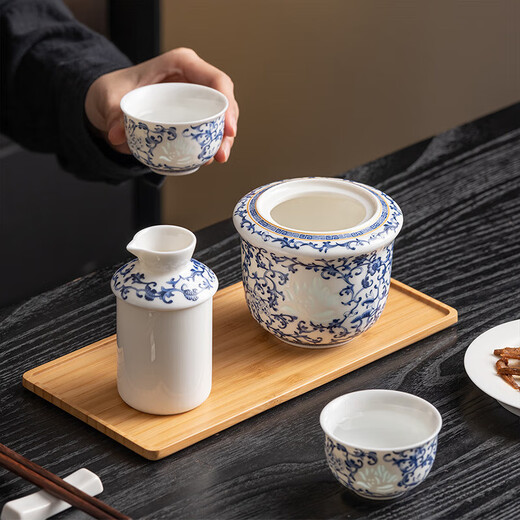 Blue and White Jade Porcelain Exquisite Wine Warmer Ceramic Wine Warmer Household Hot Wine Kettle Yellow Wine White Wine Cup Wine Set Flowery Jade Porcelain Exquisite Yuanyue Wine Warmer Set (One Pot and Three Cups)
