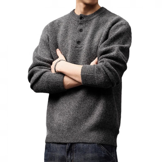 LUMILOTUS light luxury new brand high-end American retro wool sheep blended Henry collar sweater men's winter new thickening protection dark gray M suitable for 100-120Jin Jin equals 0.5 kg