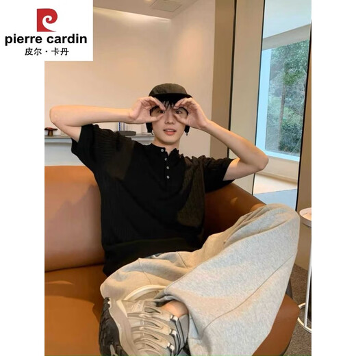 Pierre Cardin brand high-end knitted solid color pullover button short-sleeved t-shirt for men summer Korean style loose henley collar polo shirt light gray S