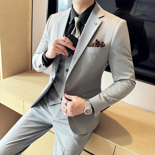 Pierre Cardin one-button men's three-piece suit business formal solid color versatile trendy slim casual handsome suit black suit + trousers 4XL (165-180Jin Jin equals 0.5 kg)