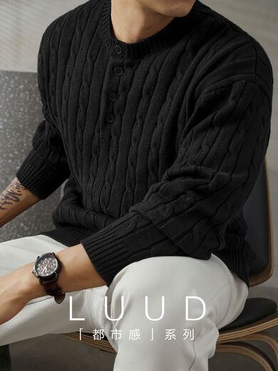LUUD light luxury Henley collar black sweater men's twist texture high elastic core-spun yarn sweater black S S95-110Jin Jin equals 0.5 kg