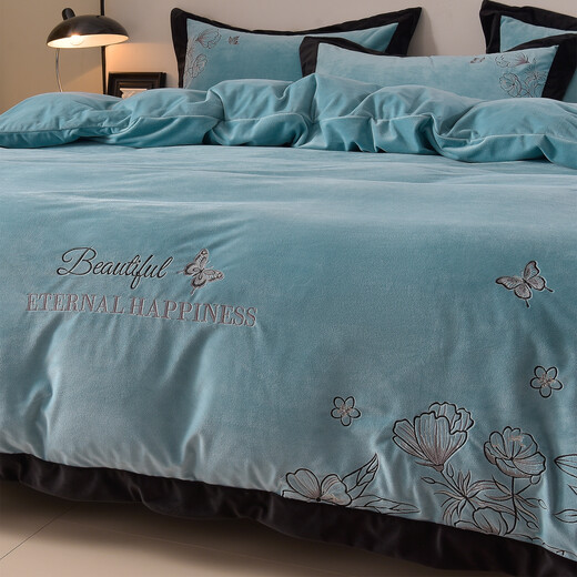 Nanjiren (Nanjiren) Class A baby velvet embroidery four-piece set autumn and winter suede thickened warm new bed sheet quilt cover sketch - light luxury blue Class A health standard 1.8m bed sheet style four-piece set - quilt cover 200*230cm
