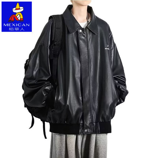 High quality black pu leather jacket men's autumn and winter velvet American style motorcycle jacket black velvet 3XL