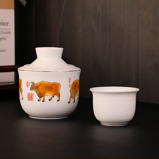 Huirutang Ceramic Wine Warmer Set Hot Wine Kettle Old-fashioned Wine Warmer Zodiac Household Ceramics Five Ox Picture Warmer Wine Kettle Three or Two Packs