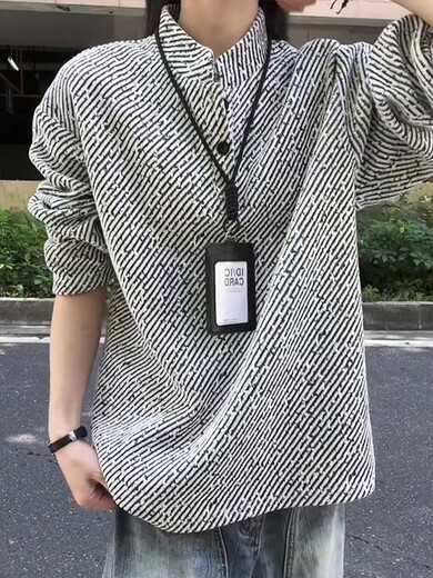 Black and white striped long-sleeved POLO shirt for men in autumn, heavyweight lazy high-end Henry collar sweatshirt with base layer white, upgraded style M