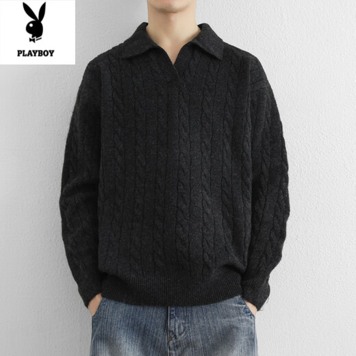Playboy (PLAYBOY) twist long-sleeved sweater men's autumn and winter lazy style Henry collar American retro knitted versatile POLO shirt men's black M
